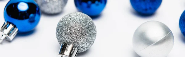 Blue, silver Christmas decoration on white background, banner — Stock Photo