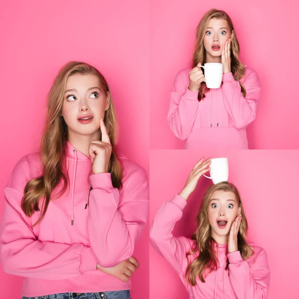 Collage of beautiful woman in hoodie showing emotions with mug on pink background — Stock Photo