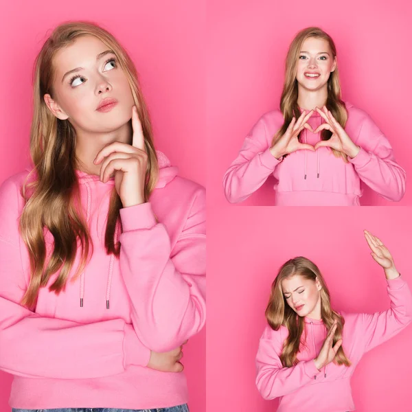 Collage de belle femme émotionnelle en sweat à capuche sur fond rose — Photo de stock