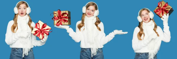 Collage de belle femme blonde en tenue blanche d'hiver avec boîte cadeau isolé sur fond bleu — Photo de stock