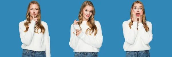 Collage of blonde beautiful woman showing emotions isolated on blue background — Stock Photo