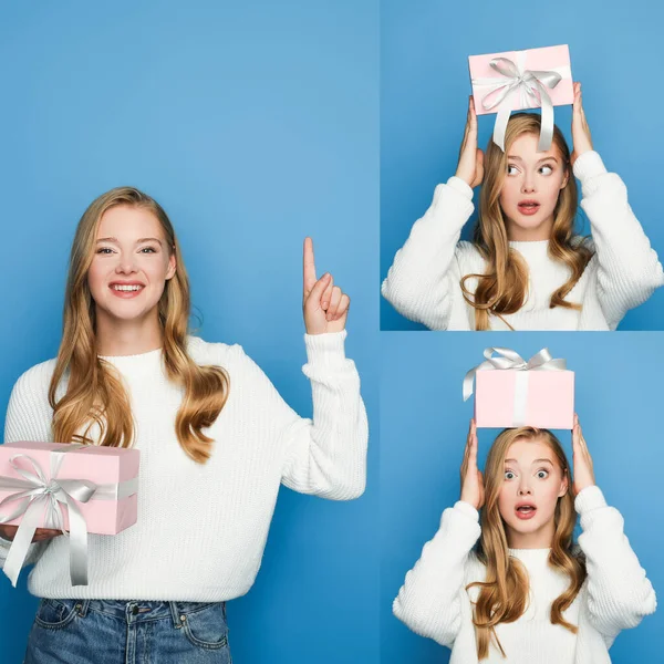 Collage de belle femme blonde avec boîte cadeau isolé sur fond bleu — Photo de stock