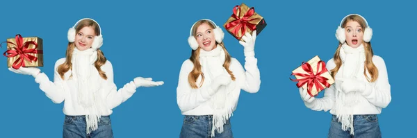 Collage of blonde beautiful woman in winter white outfit with gift box isolated on blue background — Stock Photo