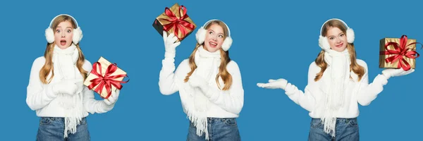 Collage of blonde beautiful woman in winter white outfit with gift box isolated on blue background — Stock Photo