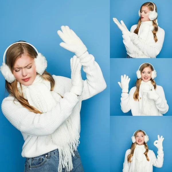 Colagem de mulher bonita loira no inverno roupa branca no fundo azul — Fotografia de Stock