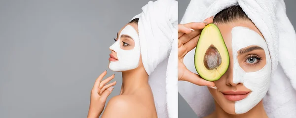 Seitenansicht einer Frau mit Handtuch auf dem Kopf und Tonmaske auf dem Gesicht, die Avocado isoliert auf grau hält, Collage — Stockfoto