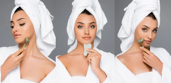 Collage of woman with towel on head using jade roller and gua sha on face isolated on grey — Stock Photo
