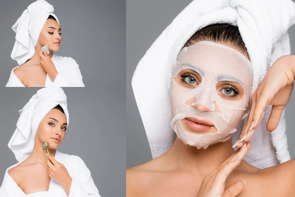 Collage of woman in mask sheet, with gua sha and jade roller isolated on grey — Stock Photo
