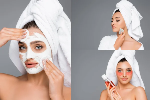 Collage of woman in clay mask, with gua sha and lotion isolated on grey — Stock Photo