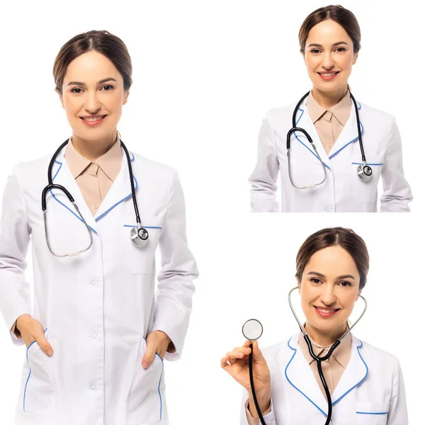 Collage de médico sonriente sosteniendo estetoscopio aislado en blanco - foto de stock