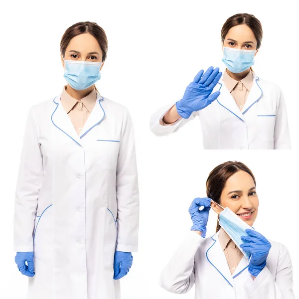 Collage de médico en máscara médica y guantes de látex mostrando parada y sonriendo aislado en blanco - foto de stock