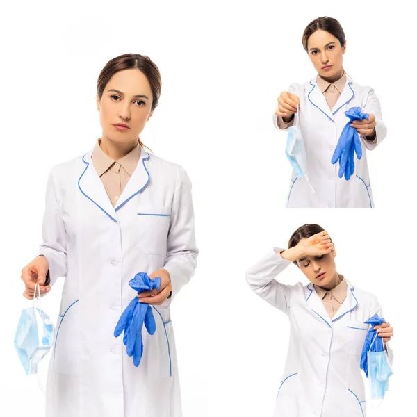 Колаж лікаря, який тримає медичну маску і латексні рукавички ізольовані на білому — стокове фото