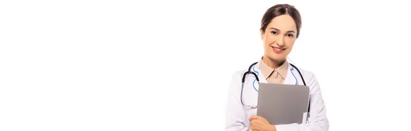 Website header of smiling doctor holding paper folder isolated on white — Stock Photo