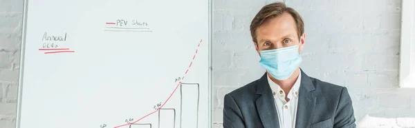 Бизнесмен в медицинской маске смотрит в камеру, стоя рядом с флипчартом с графиком, баннером — стоковое фото