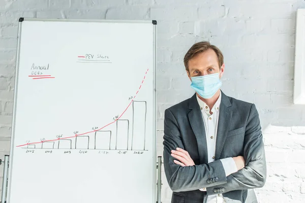 Homme d'affaires portant un masque médical et regardant la caméra, tout en se tenant près de tableau à feuilles avec graphique — Photo de stock