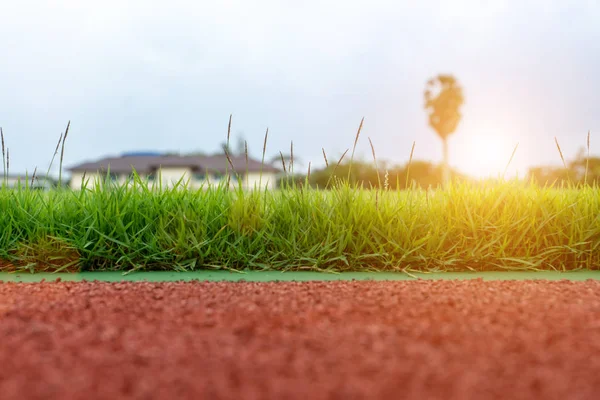 Rasen Und Laufband Stadion Mit Sonnenlicht — Stockfoto