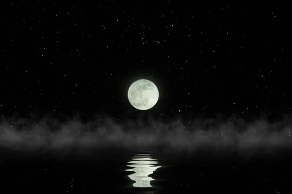 Reflejo Salida Luna Noche Con Estrella Niebla Suave Sobre Agua — Foto de Stock