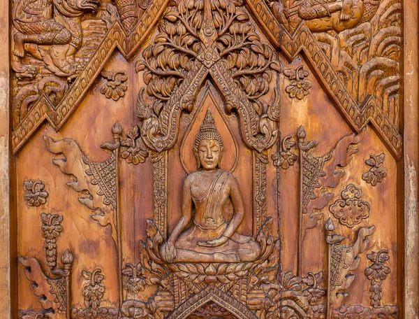 Trä Snidning Buddhistisk Historia Wang Wiwekaram Temple Sangkhla Buri Distrikt — Stockfoto