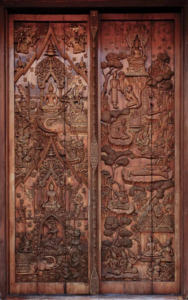 Wooden Carving Buddhist History Wang Wiwekaram Temple Sangkhla Buri District — Stock Photo, Image