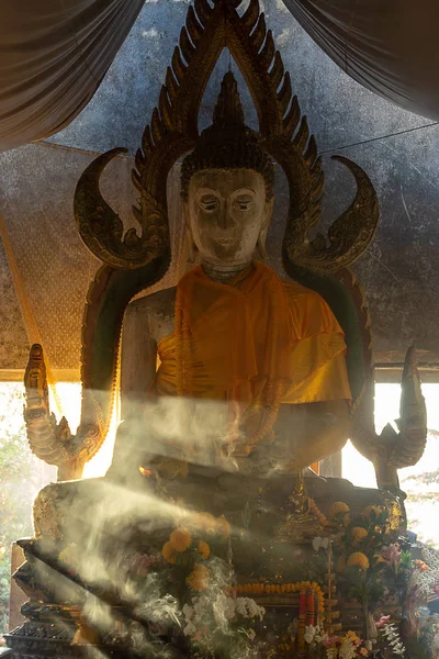 Ancient Buddha Old Chruch Light Smoke Wat Somdej Temple Sangkhla — Stock Photo, Image