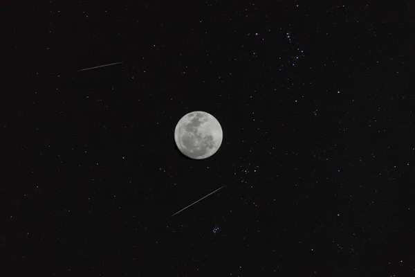 Las Dos Estrellas Fugaces Con Luna Llena Noche Polvo Estrellas —  Fotos de Stock