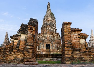 Pagoda brick with blue sky background in the Wat Chaiwatthanaram is a Buddhist temple in the city of Ayutthaya Is a tourist attraction in Thailand and World Heritage City.
