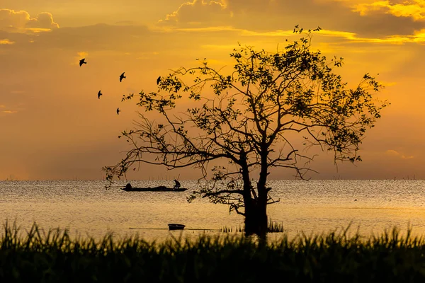 日の出と共に湖の木々や漁師たちのシルエット — ストック写真
