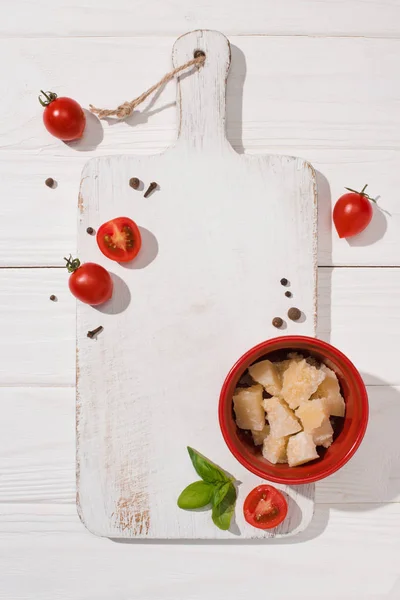 Top View Various Italian Food White Wooden Cutting Board — Stock Photo, Image