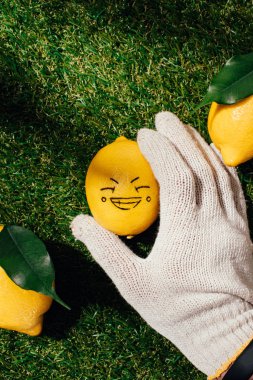 bir insan yüzü çizim ile limon elinde eldiven içinde kırpılmış görüntü