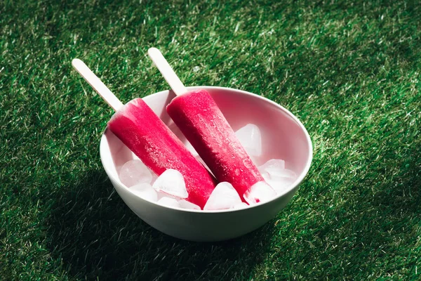 Γλυκά Φρούτα Popsicles Φόντο Πράσινο Γρασίδι — Φωτογραφία Αρχείου