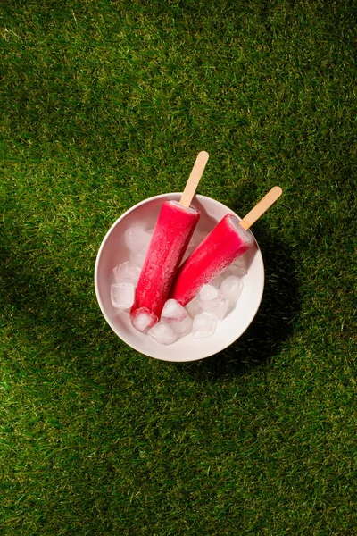 Смачний Десерт Кубиками Льоду Фоні Зеленої Трави — стокове фото