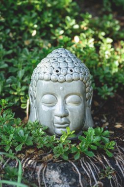 Buddha head on stone with green plants around in summer clipart