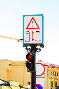 close up view of road signs and traffic signs in city clipart