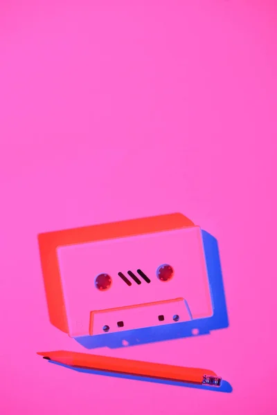 Toned Pink Picture Retro Audio Cassette Pencil — Stock Photo, Image