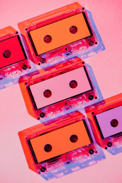 Toned Picture Colorful Retro Audio Cassettes Pink Background — Free Stock Photo