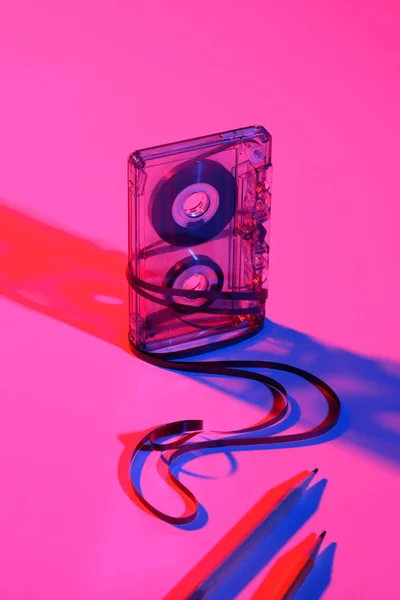 Close View Retro Audio Cassette Pencils Pink Backdrop — Stock Photo, Image