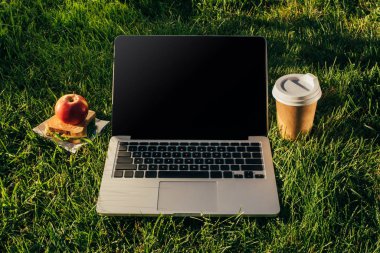 dizüstü bilgisayar, yeşil çim üzerinde apple ile sandviç gidip kahve görünümünü kapat