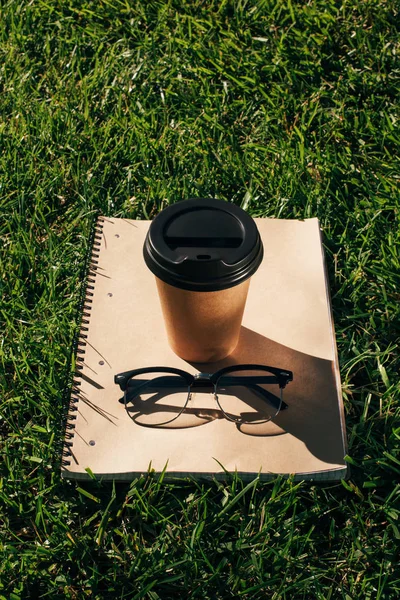 Primer Plano Vista Café Para Llevar Cuaderno Anteojos Hierba Verde — Foto de stock gratis