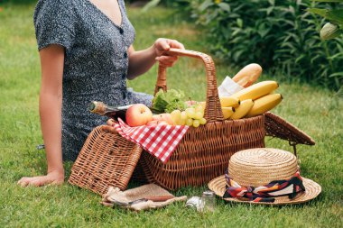 piknik ve gıda ile dokunaklı sepet yeşil çimenlerin üzerinde oturan kadın resim kırpılmış
