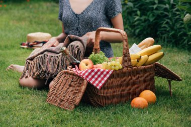 piknik yeşil çimenlerin üzerinde oturan ve battaniye tutan kadının kırpılmış görüntü