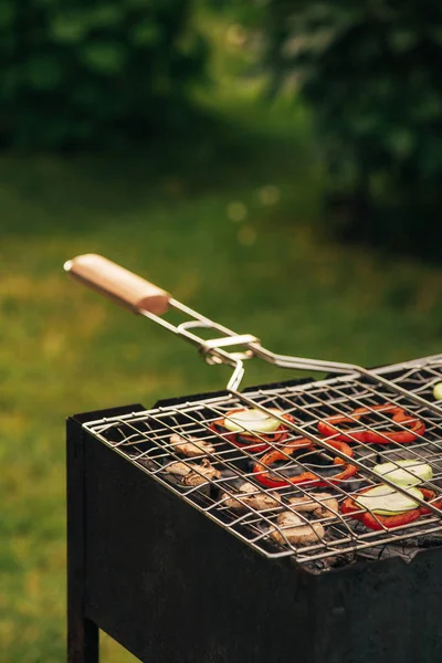 Zubereitung Von Leckeren Pilzen Und Paprika Beim Picknick — kostenloses Stockfoto