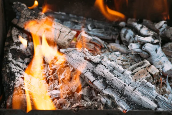 Nahaufnahme Von Lagerfeuer Mit Flamme Und Brennholz — Stockfoto