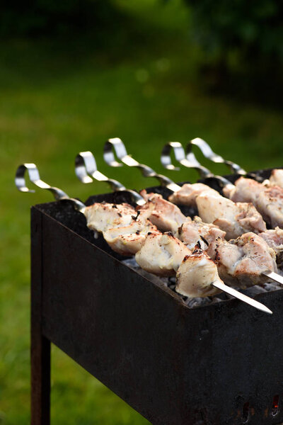 selective focus of raw pork kebab on skewers at barbecue