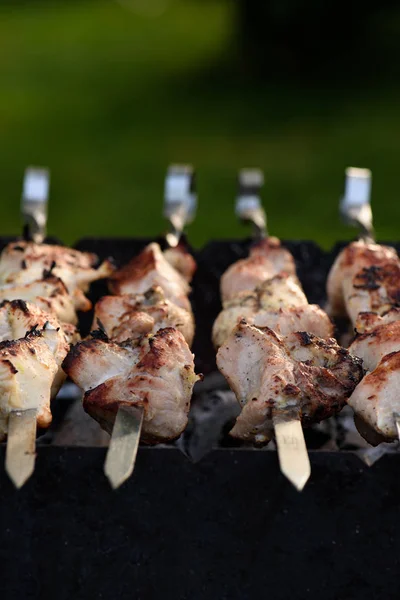 Nahaufnahme Von Schweinekebab Schaschlik Auf Spießen Beim Grillen — Stockfoto