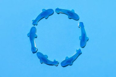 top view of gummy sharks in circle shape on blue clipart