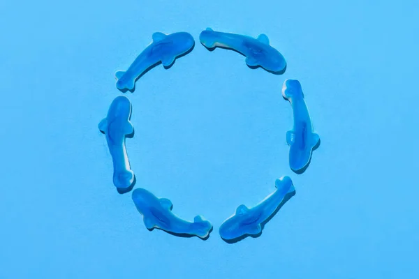 Top View Gummy Sharks Circle Shape Blue — Stock Photo, Image