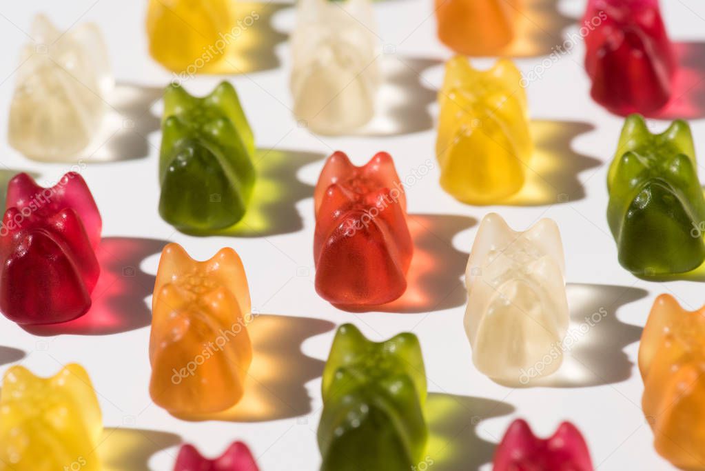 close-up shot of sweet gummy bears pattern lying on white