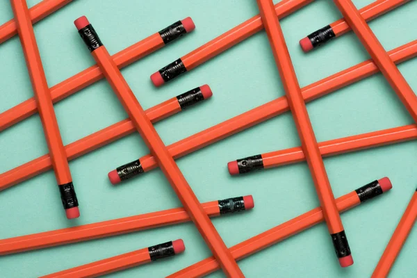 Top View Arranged Red Graphite Pencils Erasers Green — Stock Photo, Image