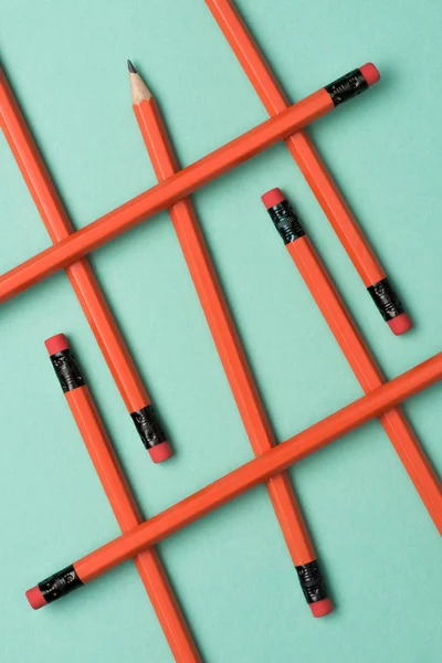 Elevated View Arranged Red Graphite Pencils Erasers Green — Stock Photo, Image