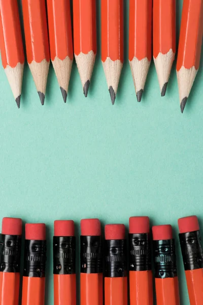 Top View Graphite Pencils Erasers Pencils Placed Rows Green — Stock Photo, Image